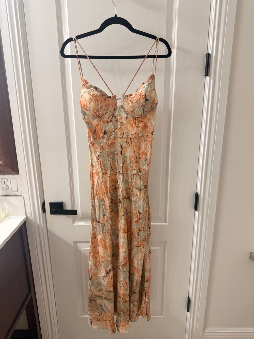 Floral Satin Midi Slip Dress in Peach and Sage